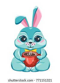 A nice hare is sitting and drinking coffee. Sticker with a rabbit and a mug in the paws