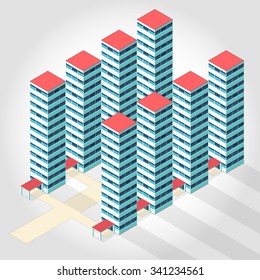 Nice high-rise apartment isometric building illustration for scientific article web blog and presentation blue nice pharmacy housing development  flatten isolated illustration master vector