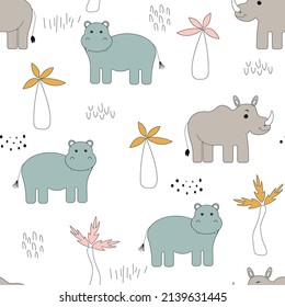 Nice hippo and rhino seamless pattern. Cartoon sweet animals. Childish cute print in pastel colors. Vector illustration of safari.
