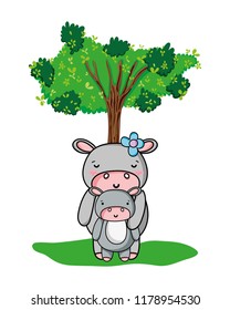nice hippopotamus its son animals and tree