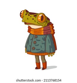 Nice hipster girl frog, isolated vector illustration. Cartoon humanized frog. Cute anthropomorphic warm dressed female frog standing still with a glad face. An animal character with a human body