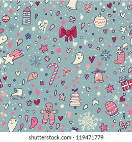 Nice holiday seamless pattern in blue colors. Cookies, candies balls and other Christmas symbols