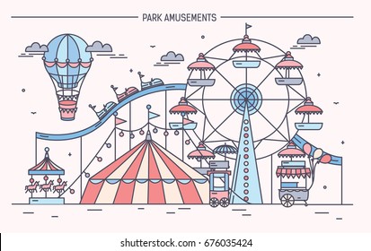 Nice horizontal banner of amusement park. Circus, ferris wheel, attractions, side view with aerostat in air. Colorful line art vector illustration.