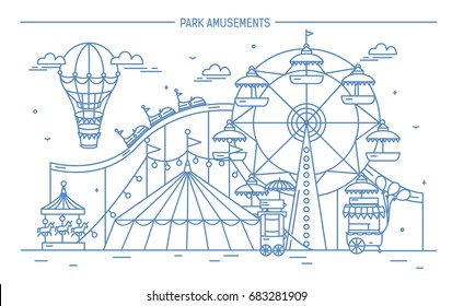 Nice horizontal banner of amusement park. Circus, ferris wheel, attractions, side view with aerostat in air. Contour line art vector illustration