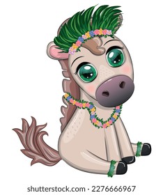 Nice horse, pony in flower wreath, hat, guitar, hula dancer from Hawaii. Summer card for the festival, travel banner