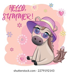 Nice horse, pony in flower wreath, hat, guitar, hula dancer from Hawaii. Summer card for the festival, travel banner.