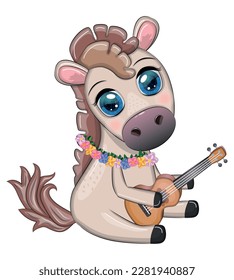 Nice horse, pony in flower wreath, hat, guitar, hula dancer from Hawaii. Summer card for the festival, travel banner