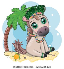 Nice horse, pony in flower wreath, hat, guitar, hula dancer from Hawaii. Summer card for the festival, travel banner.