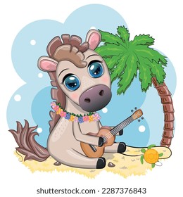Nice horse, pony in flower wreath, hat, guitar, hula dancer from Hawaii. Summer card for the festival, travel banner.