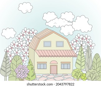 nice house with blossom trees. cloud cityscape for your design