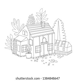 nice house with decorative trees for your coloring book