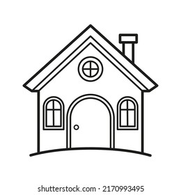 Schönes Haus mit Tür, 3 Fenstern und Schornstein. Färben. Schwarz-Weiß-Vektorgrafik.
