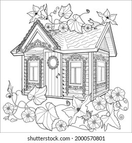 Bonita casa con flores. Antiestrés en libros de colores para niños y adultos. Ilustración aislada sobre fondo blanco. Estilo enmarañado zen. Dibujo manual