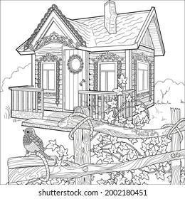 Nice house with flowers. Coloring book antistress for children and adults. Art therapy coloring page. Zen tangle style. Hand draw