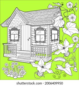 Nice house with flowers. Coloring book antistress for children and adults. Art therapy coloring page. Zen tangle style. Hand draw