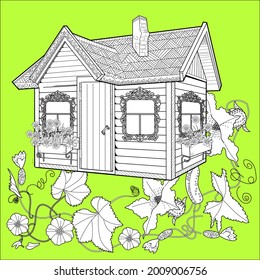 Nice house with flowers. Coloring book antistress for children and adults. Art therapy coloring page. Zen tangle style. Hand draw