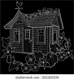 Nice house with flowers. Coloring book antistress for children and adults. Art therapy coloring page. Zen tangle style. Hand draw