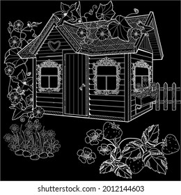 Nice house with flowers. Coloring book antistress for children and adults. Art therapy coloring page. Zen tangle style. Hand draw