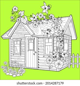 Nice house with flowers. Coloring book antistress for children and adults. Art therapy coloring page. Zen tangle style. Hand draw