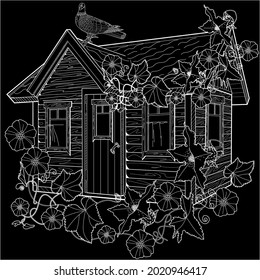 Nice house with flowers. Coloring book antistress for children and adults. Art therapy coloring page. Zen tangle style. Hand draw