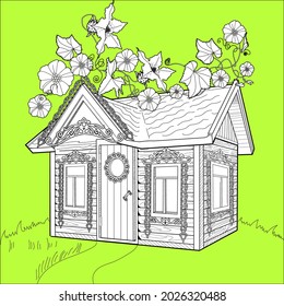 Nice house with flowers. Coloring book antistress for children and adults. Art therapy coloring page. Zen tangle style. Hand draw