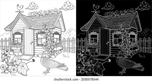 Nice house with flowers. Coloring book antistress for children and adults. Art therapy coloring page. Zen tangle style. Hand draw