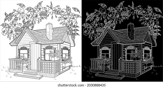 Nice house with flowers. Coloring book antistress for children and adults. Art therapy coloring page. Zen tangle style. Hand draw
