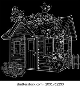 Nice house with flowers. Coloring book antistress for children and adults. Art therapy coloring page. Zen tangle style. Hand draw