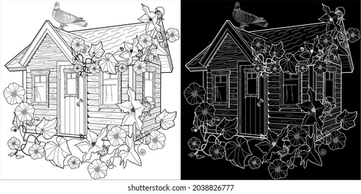 Nice house with flowers. Coloring book antistress for children and adults. Art therapy coloring page. Zen tangle style. Hand draw