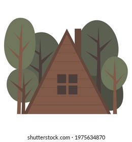 Nice house, a small building in the Scandinavian style. Fashionable wooden dwelling house in the forest. Life surrounded by nature. Colored flat vector illustration. 