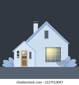 Nice house, vector rendered in a flat style. Night. Lights in the windows. House with a chimney. Flowers near the house. Cozy atmosphere. Vector illustration.