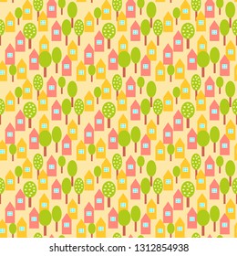 Nice houses in the green trees. Spring seamless pattern for your design 