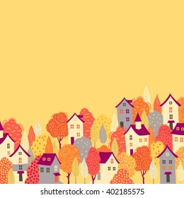 Nice houses in the yellow trees. Autumn seamless pattern for your design
