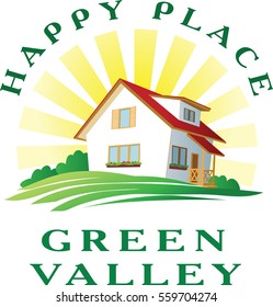 Nice idyllic happy and clear cartoon house on green hill under the sun. 
