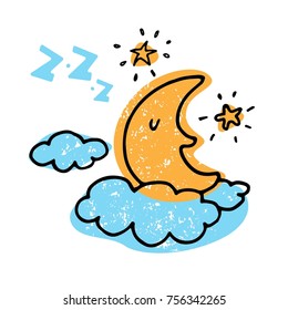 Nice illustration in the Doodle style with a Crescent moon sleeping on a cloud against the stars. Perfect for the festive Christmas and new year printing products and in the baby's room