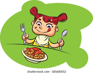 Nice illustration of a hungry baby with bib, fork and spoon in front of a plate of pasta
