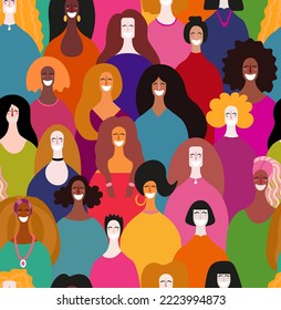 Nice illustration of inclusive women from different cultures in spring summer colors, women's faces smiling with female aim. Feminine force for fashion and creation of trendy stylish garments.