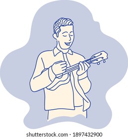 linea de ilustraciones lindo vector de arte de guuy sosteniendo jugando ukulele, siendo feliz, pasando tiempo con vibraciones positivas, concepto de emoción positiva