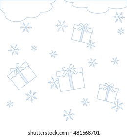 Nice illustration on Christmas or New Year's theme made in line style. Clouds with falling gifts and snowflakes on a white background. 