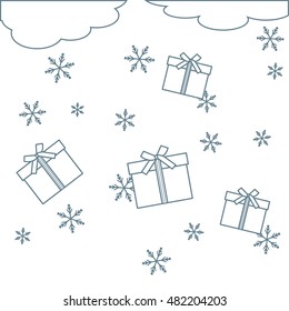 Nice illustration on Christmas or New Year's theme made in line style. Clouds with falling gifts and snowflakes on a white background. 