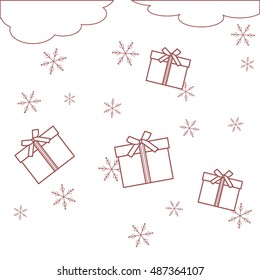 Nice illustration on Christmas or New Year's theme made in line style. Clouds with falling gifts and snowflakes on a white background. 