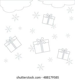 Nice illustration on Christmas or New Year's theme made in line style. Clouds with falling gifts and snowflakes on a white background. 