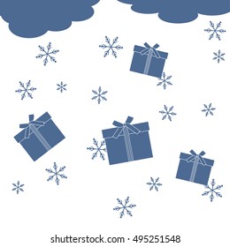 Nice illustration on Christmas or New Year's theme made in line style. Clouds with falling gifts and snowflakes painted in bright colors. 