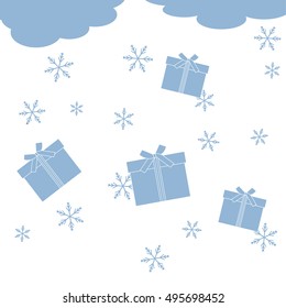 Nice illustration on Christmas or New Year's theme made in line style. Clouds with falling gifts and snowflakes painted in bright colors. 