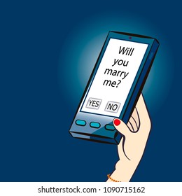 Nice illustration representing the changing of the human relations with new technologies. SMS with question "Will you marry me?" Vector cartoon illustration.  