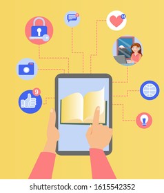 Nice illustration of some hands holding a tablet from which many telecommunications icons come out while they pass the pages of an interactive book