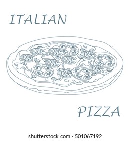 Nice illustration of tasty, appetizing pizza with inscriptions on a white background.