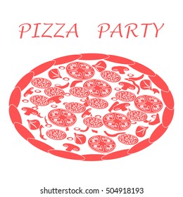 Nice illustration of tasty, appetizing pizza with inscriptions on a white background.
