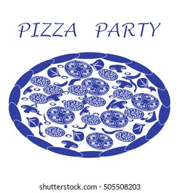 Nice illustration of tasty, appetizing pizza with inscriptions on a white background.
