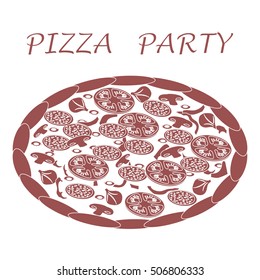 Nice illustration of tasty, appetizing pizza with inscriptions on a white background.